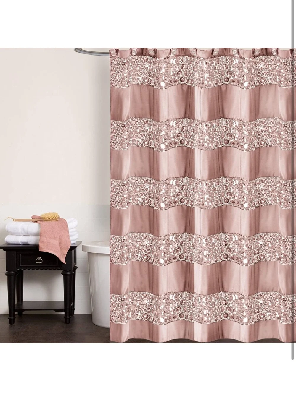 Decorative Rose Gold Shower Curtain with Sequin Trim mermaid vibes